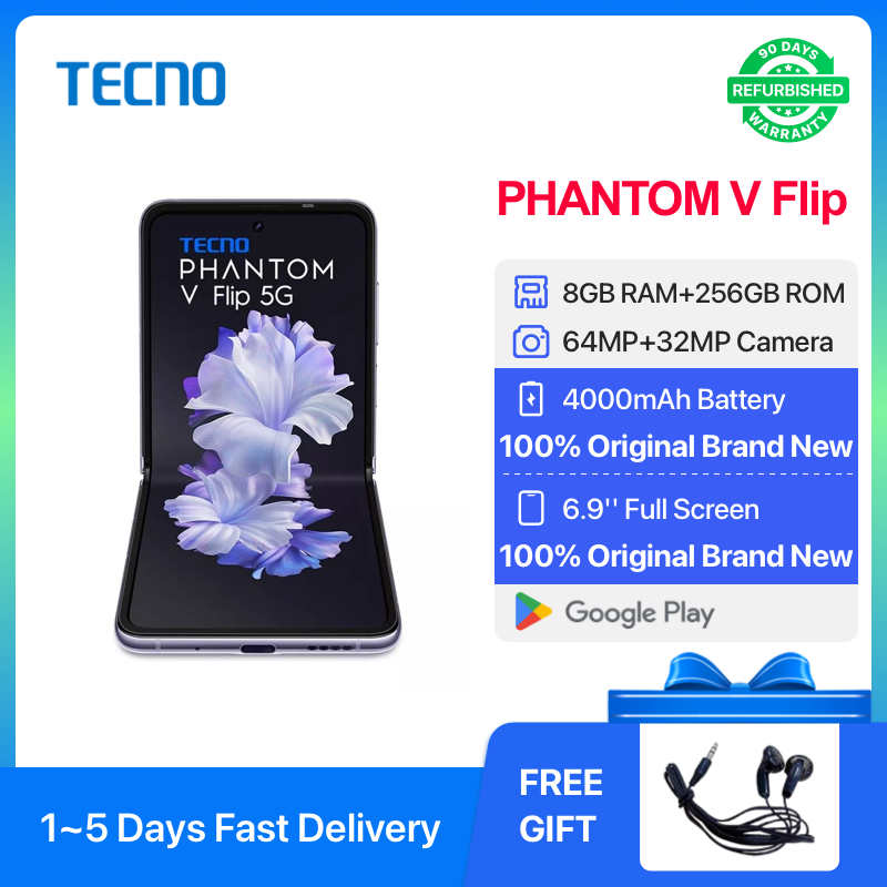 Refurbished Tecno PHANTOM V Flip 256GB ROM 8GB RAM 6.9" HD+ 120HZ Refresh Rate Screen Phones Dual SIM 5G Network 64MP AI Camera Smart Phones