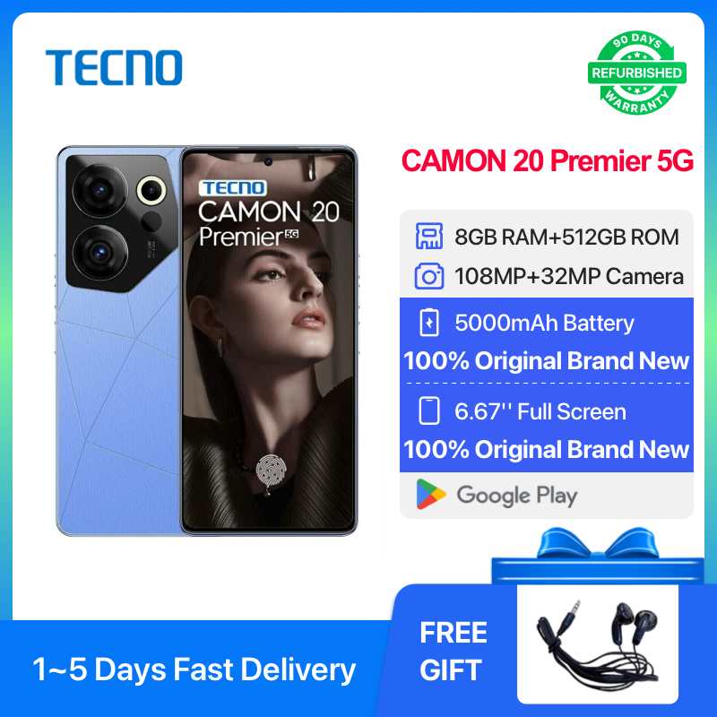 Refurbished Tecno CAMON 20 Premier 5G  512GB ROM 8GB RAM 6.67" HD+ 120HZ Refresh Rate Screen Phones Dual SIM 5G Network 108MP AI Camera Smart Phones