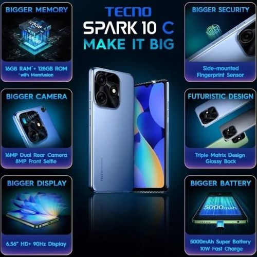 Refurbished TECNO SPARK 10C Smartphones 128GB+8GB 6.6" HD+90Hz Refresh 16MP+8MP 5000mAH Super Battery 18W Type-C Fast Charging 4G Dual SIM Fingerprint Unlock Smartphones