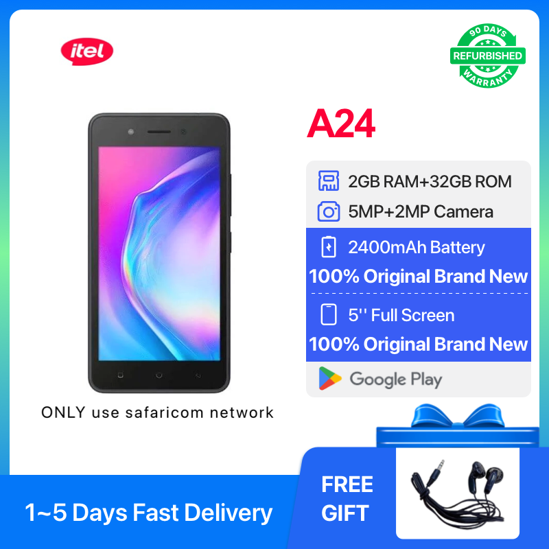 Refurbished itel A24 2GB RAM 32GB ROM 5inch " 2400 mAh Single SIM 5MP+2MP Android Smartphones/ Mobile Phones