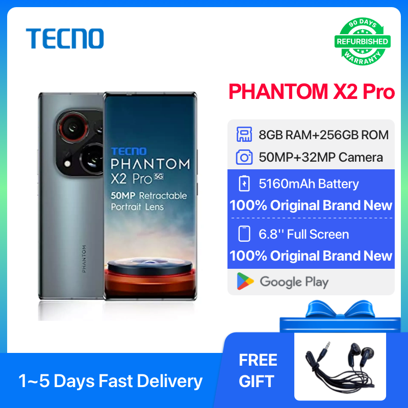 Refurbished Tecno Phantom X2 Pro 5G  256GB ROM 8GB RAM 6.8" HD+ 120HZ Refresh Rate Screen Phones Dual SIM 5G Network 50MP AI Camera Smart Phones