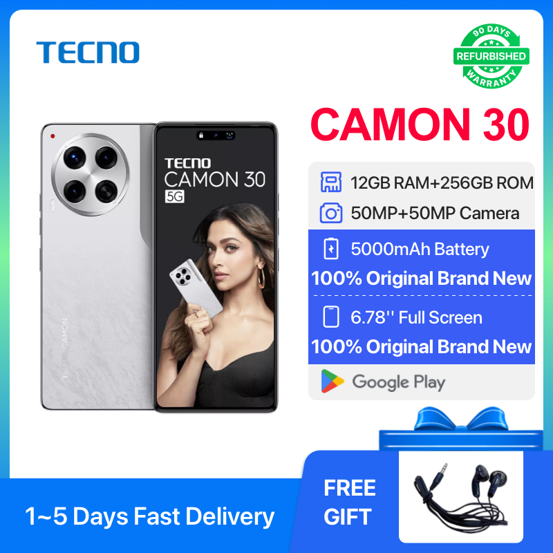 Refurbished TECNO Camon 30 6.78" 120Hz AMOLED 256GB+12GB RAM MTK Helio G99 70W 5000mAh 50MP Dual Speaker Android 14 Dual Sim Smart Phone