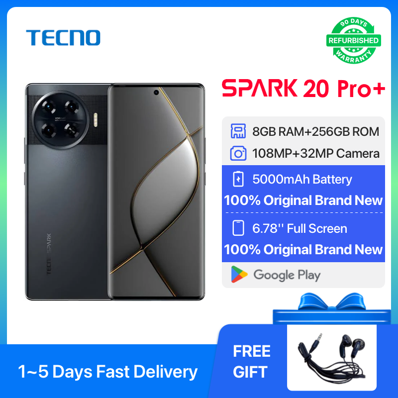 Refurbished TECNO Spark 20 Pro+ 256GB + 8GB RAM 6.78" HD+ 120HZ Refresh Rate Screen Phones Dual SIM 4G Network 108MP AI Camera Unlock Smart Phones