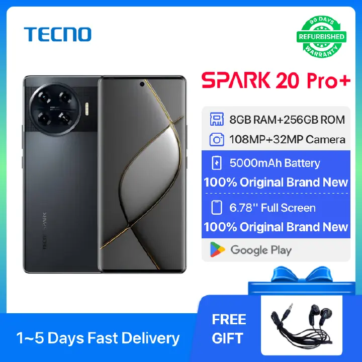 Refurbished TECNO Spark 20 Pro+ 256GB + 8GB RAM 6.78" HD+ 120HZ Refresh Rate Screen Phones Dual SIM 4G Network 108MP AI Camera Unlock Smart Phones
