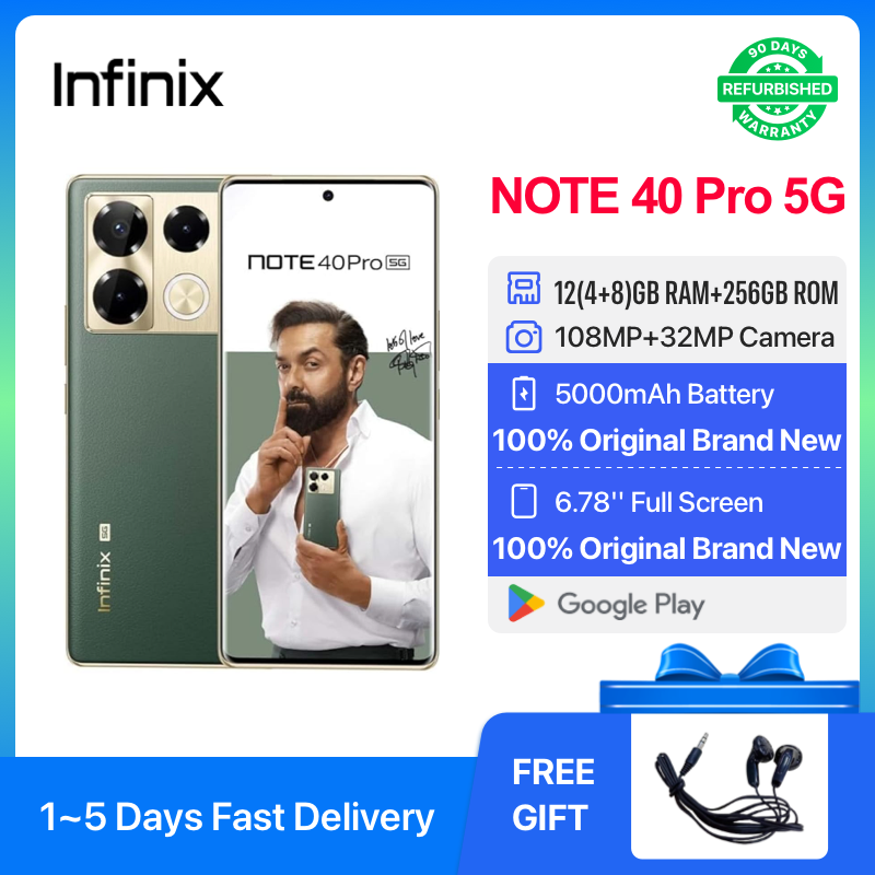 Refurbished INFINIX Note 40 Pro 256GB +12(4+8)GB Large Storage 6.78" HD+ 120HZ Refresh Rate Screen Phones Dual SIM 5G Network 108MP AI Camera Unlock Smart Phones