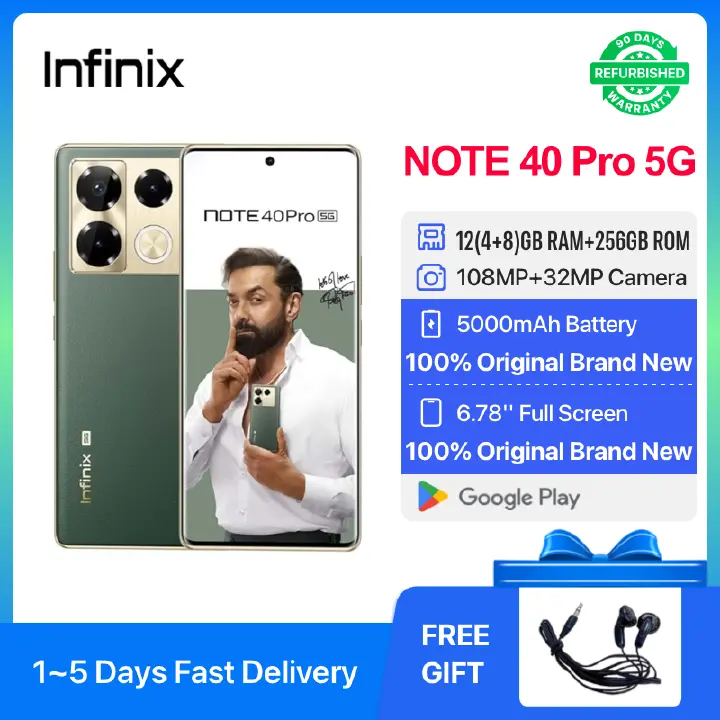 Refurbished INFINIX Note 40 Pro 256GB +12(4+8)GB Large Storage 6.78" HD+ 120HZ Refresh Rate Screen Phones Dual SIM 5G Network 108MP AI Camera Unlock Smart Phones