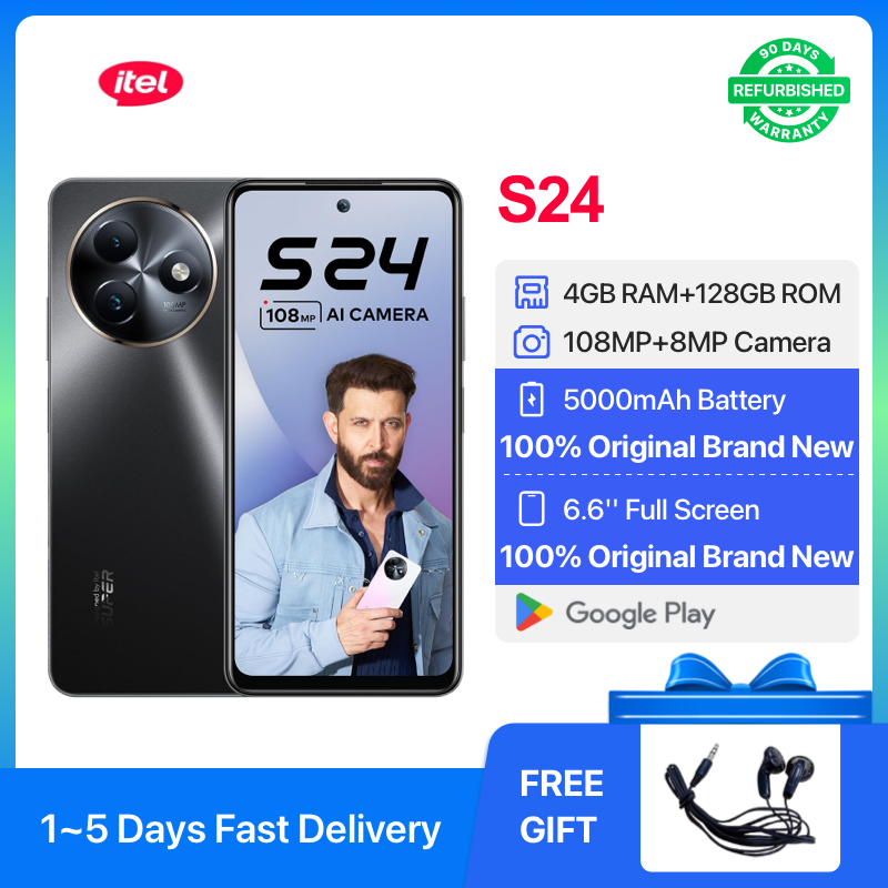 Refurbished Itel S24 128GB+8(4+4)GB RAM 6.6" 90HZ Screen Dual SIM 4G Network Phone Fingerprint Unlock 18W 5000 mAh Battery Android 13 MTK Helio G91 Ultra Smart Phones