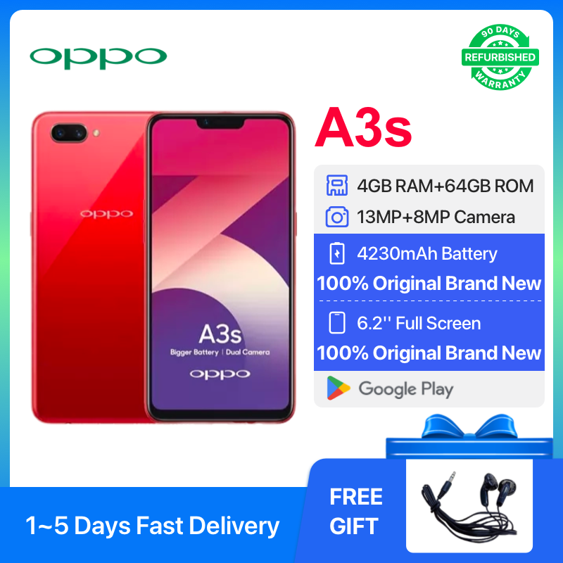 Refurbished OPPO A3s 4GB RAM 64GB ROM 6.2inch " 4230 mAh Dual SIM 13MP+8MP Face Unlock Android Smartphones/ Mobile Phones