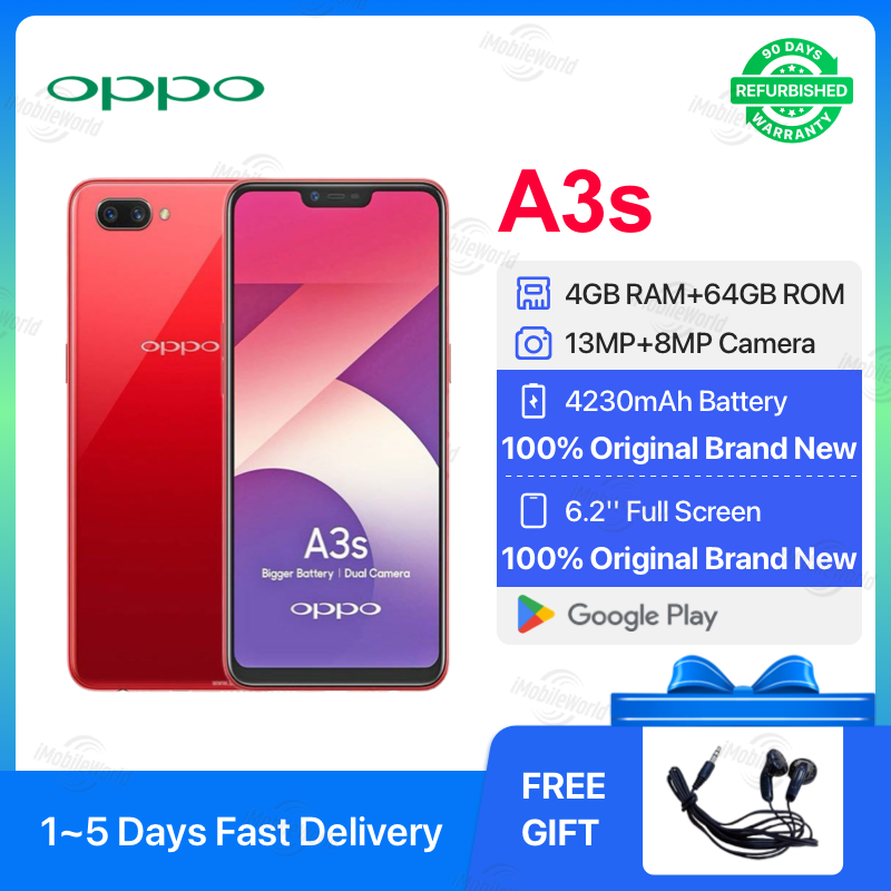 Refurbished OPPO A3s 4GB RAM 64GB ROM 6.2inch " 4230 mAh Dual SIM 13MP+8MP Face Unlock Android Smartphones/ Mobile Phones