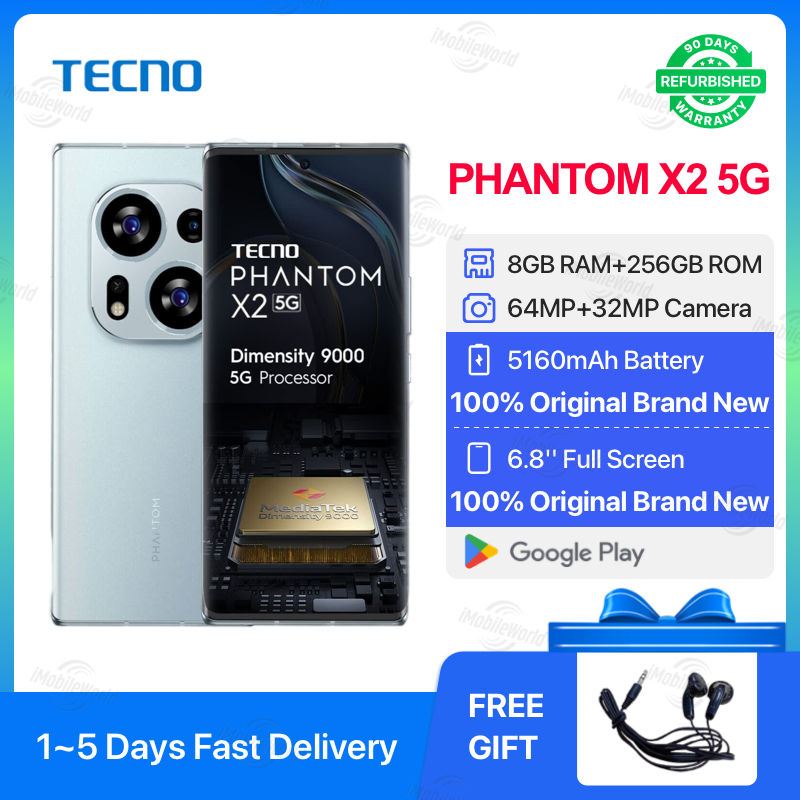 Refurbished TECNO PHANTOM X2-5G 8GB RAM 256GB ROM 6.8" 5160 mAh Dual SIM 64MP+32MP Android Smartphones/ Mobile Phones