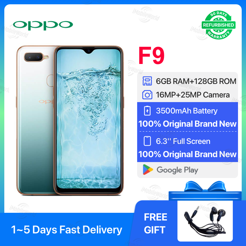 Refurbished OPPO F9 6GB RAM 128GB ROM 6.3inch " 3500 mAh Dual SIM 25MP+16MP Android Smartphones with Branded Earphones