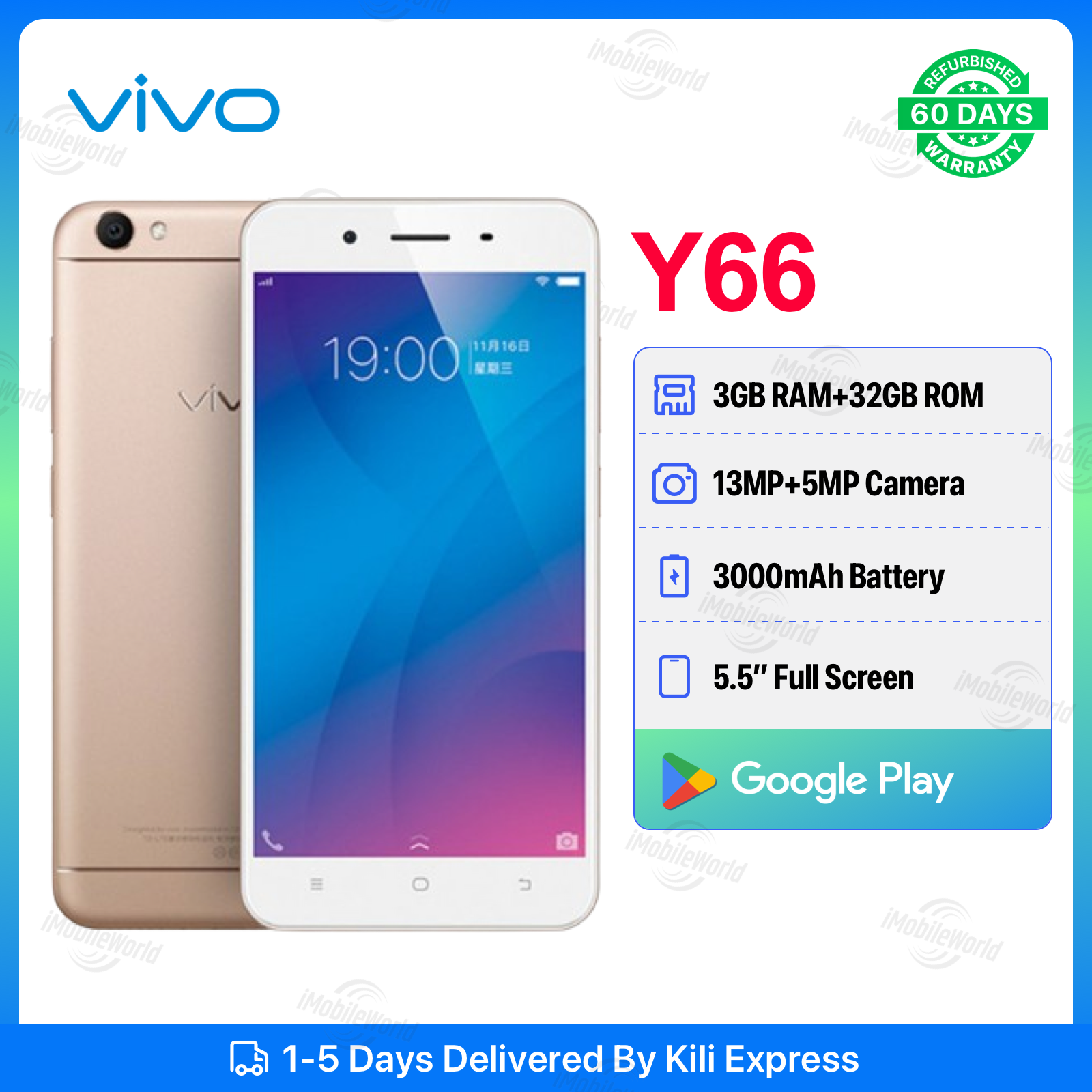 Refurbished  VIVO Y66 3GB+32GB Display 5.5inch 3000mAh Dual SIM smartphone support Google