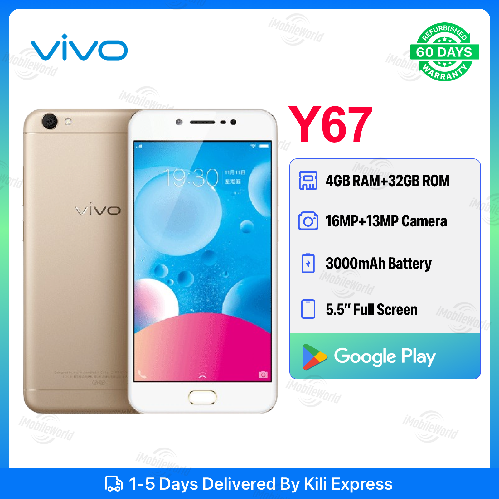 Refurbished Vivo Y67 4GB+32GB 5.5inch 3000mAh Dual SIM 13MP+16MP Android Smartphones/Mobile Phones