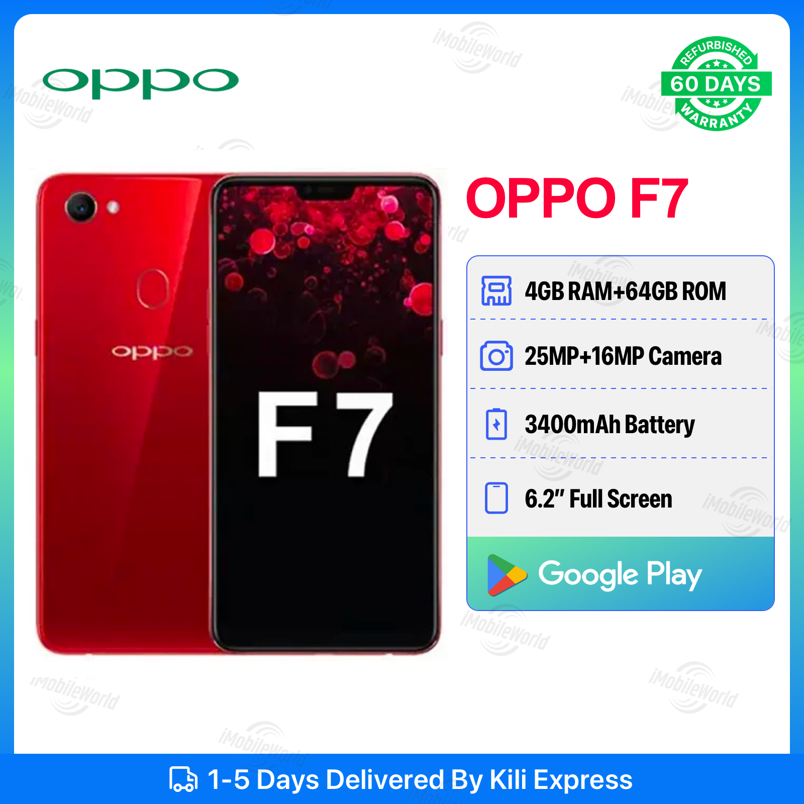 Refurbished OPPO F7 4GB RAM + 64GB ROM 6.23" 16MP+25MP Camera 3400mAh (Dual SIM) Android Smartphones/ Mobile Phones