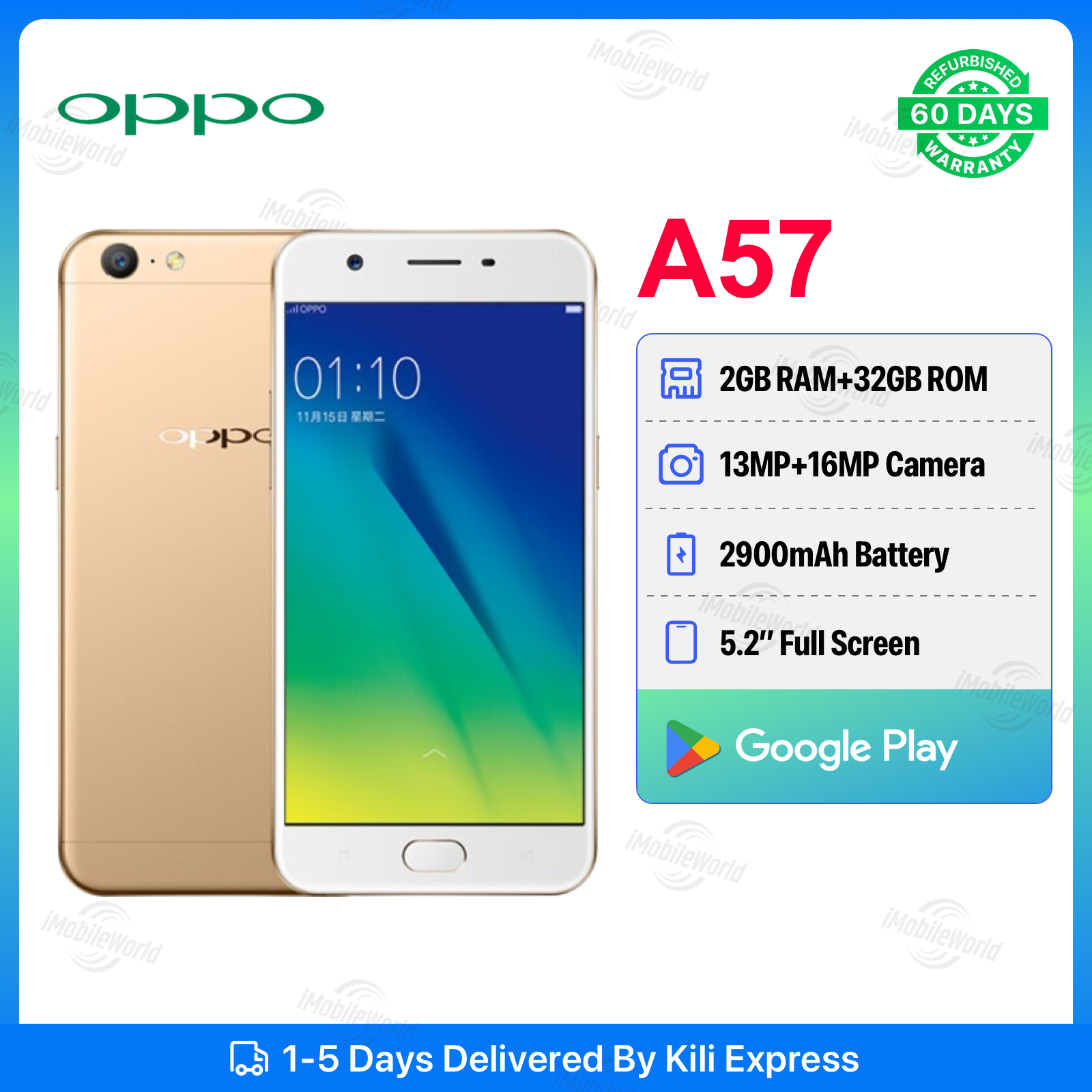 Refurbished OPPO A57 2GB RAM 32GB ROM 5.2inch " 2900 mAh Dual SIM 13MP+16MP Android Smartphones/ Mobile Phones