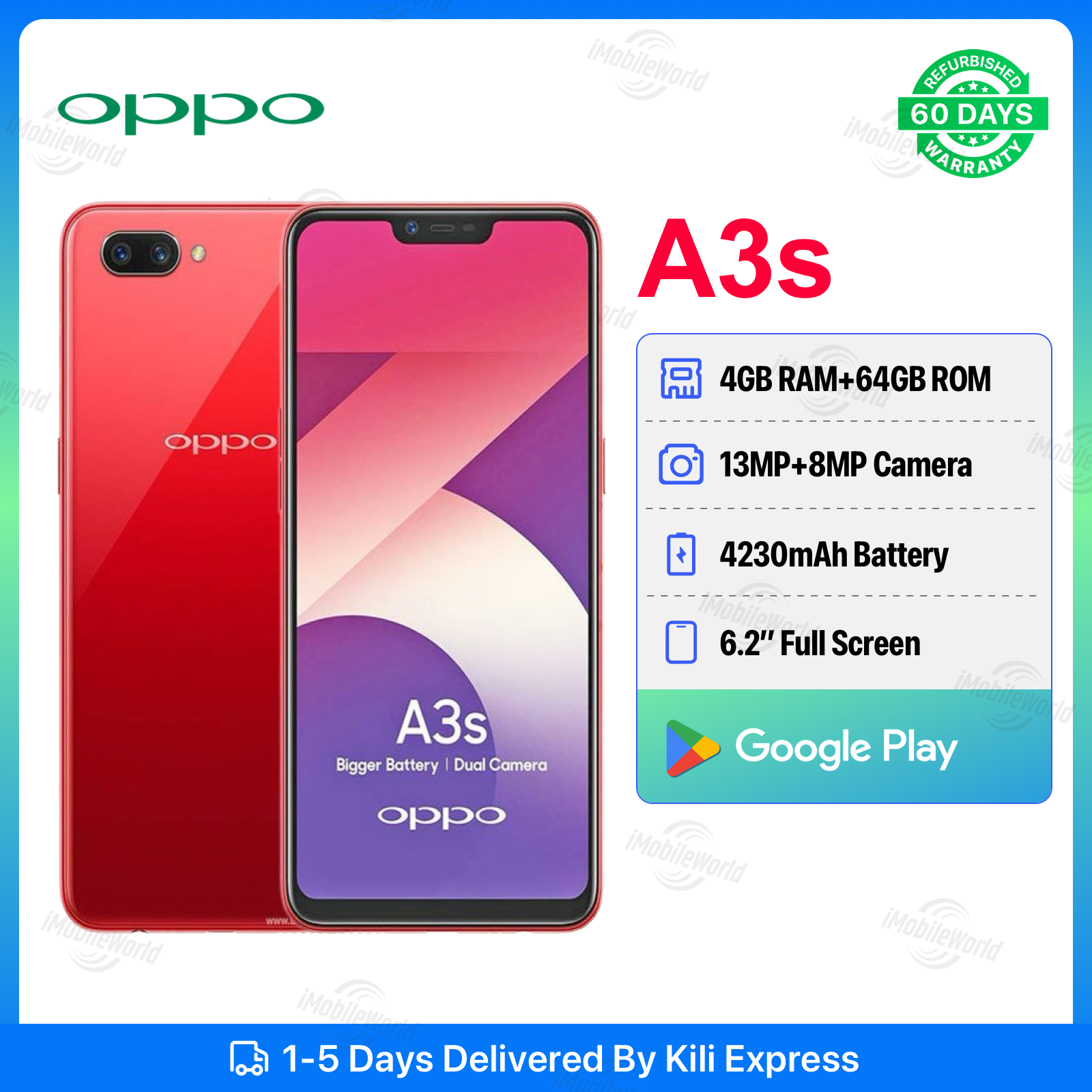 Refurbished OPPO A3s 4GB RAM 64GB ROM 6.2inch " 4230 mAh Dual SIM 13MP+8MP Face Unlock Android Smartphones/ Mobile Phones