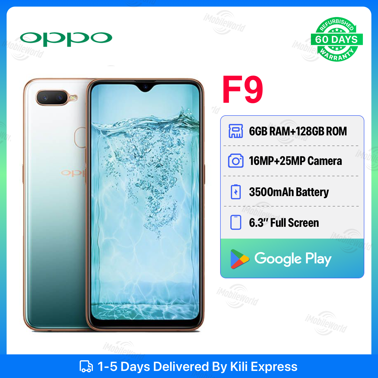 Refurbished OPPO F9 6GB RAM 128GB ROM 6.3inch " 3500 mAh Dual SIM 25MP+16MP Android Smartphones/ Mobile Phones