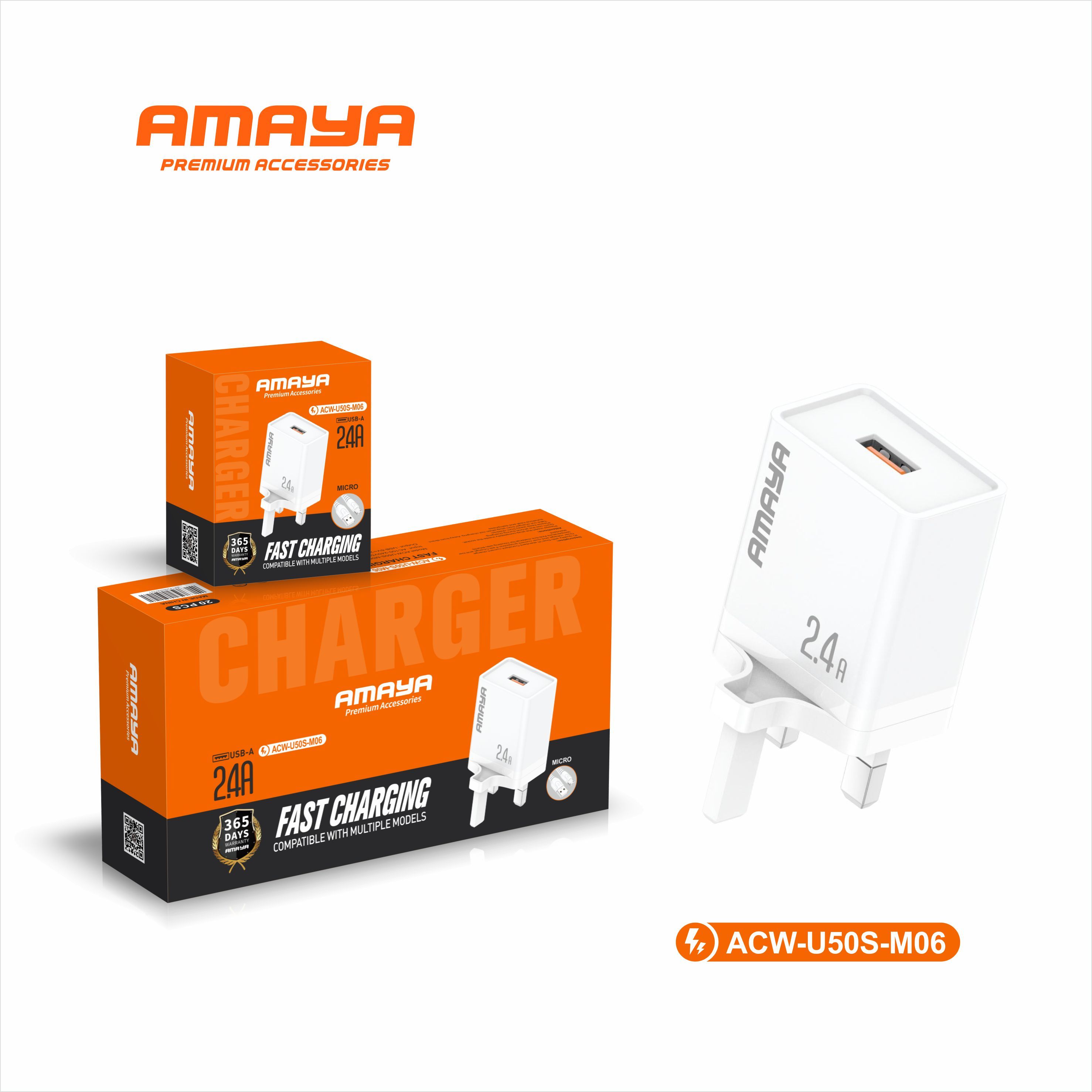 Amaya ACW-U50S-CC29 Single USB Wall Charger 2.4A Fast Charging Adapter with Micro USB Cable – Compact Design, Reliable Power for Android Phones & More