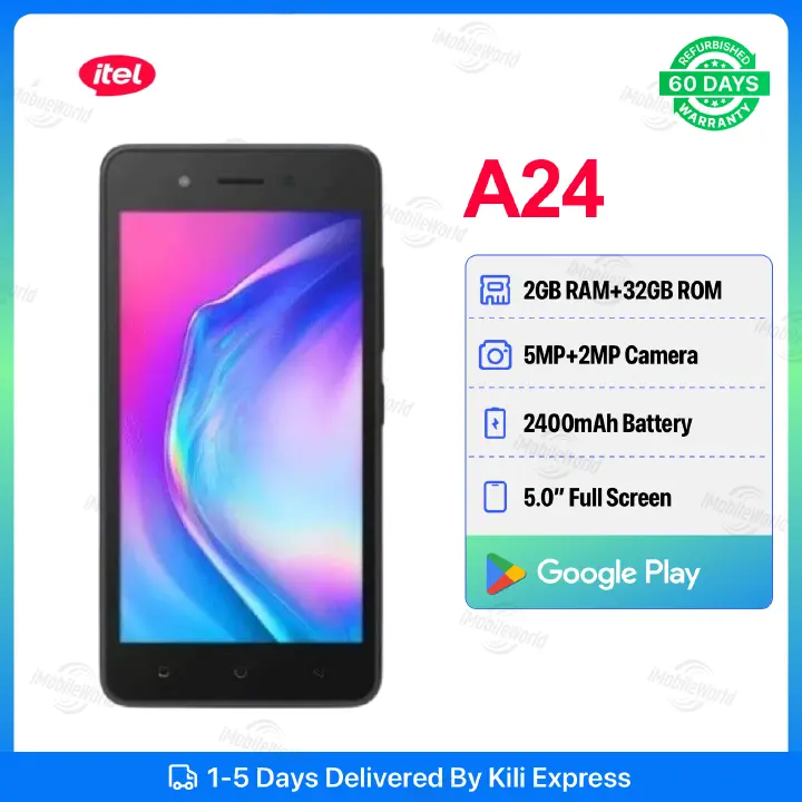 Refurbished Itel A24 2GB RAM 32GB ROM 5inch " 2400 mAh Single SIM 5MP+2MP Android Smartphones/ Mobile Phones