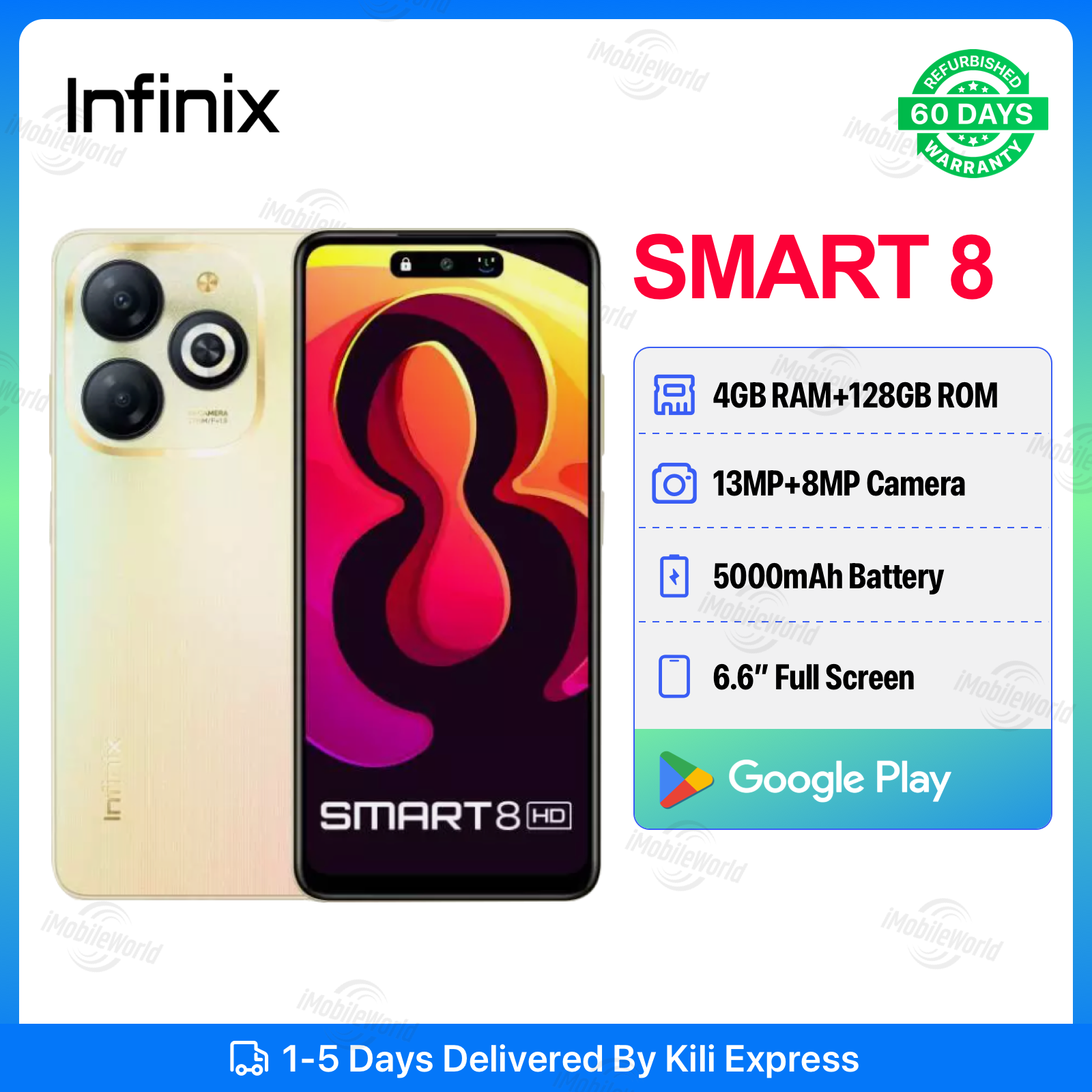 Refurbished INFINIX SMART 8 4GB RAM + 128GB ROM 6.6" 13MP+8MP Camera 5000mAh (Dual SIM) Android Smartphones/ Mobile Phones