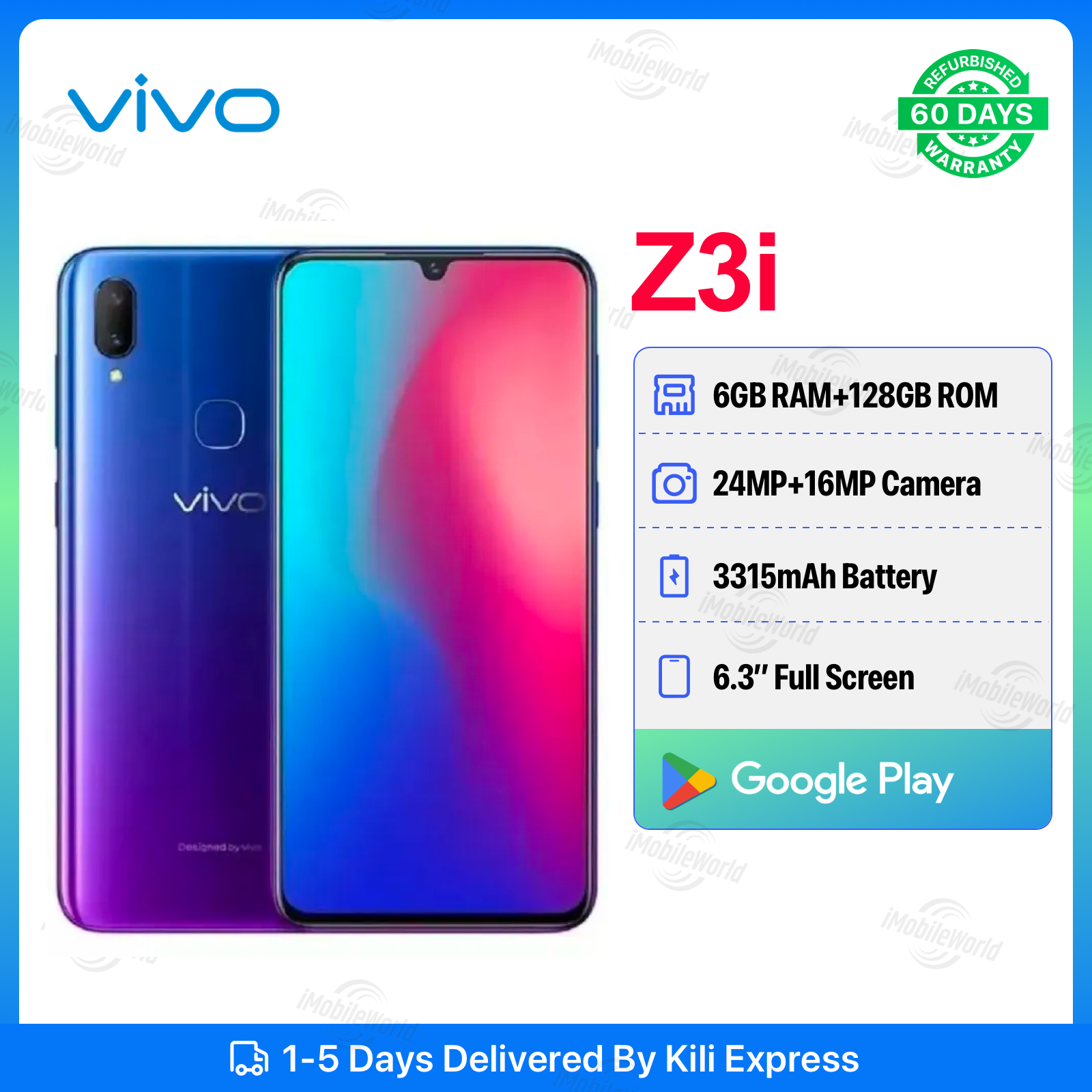 Refurbished VIVO Z3i 6GB RAM 128GB ROM 6.3inch " 3150 mAh Dual SIM 24MP+16MP Fingerprint Facial Android Smartphones/ Mobile Phones