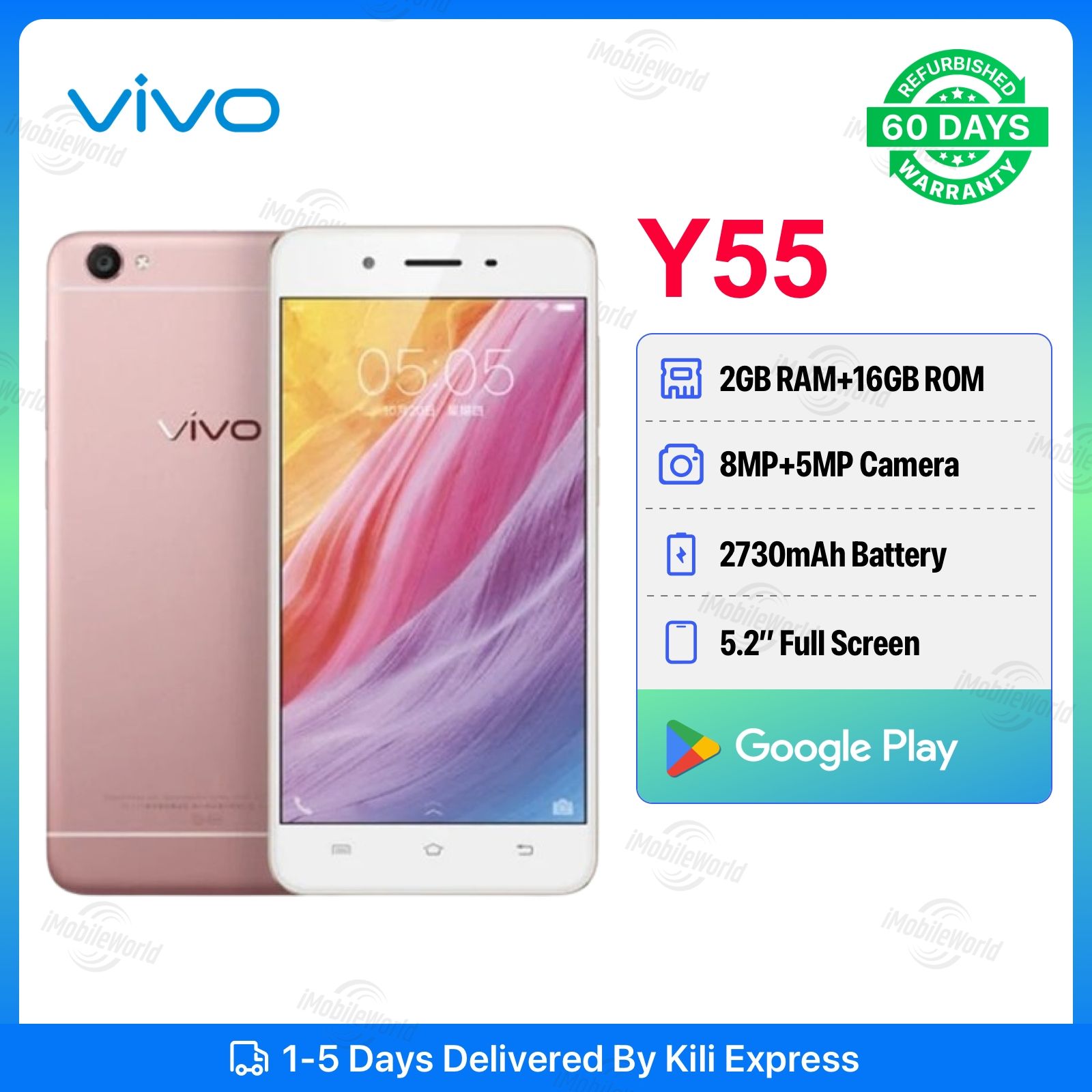 Refurbished Vivo Y55 2GB RAM 16GB ROM 5.2inch " 2730 mAh Dual SIM 8MP+5MP Android Smartphones/ Mobile Phones