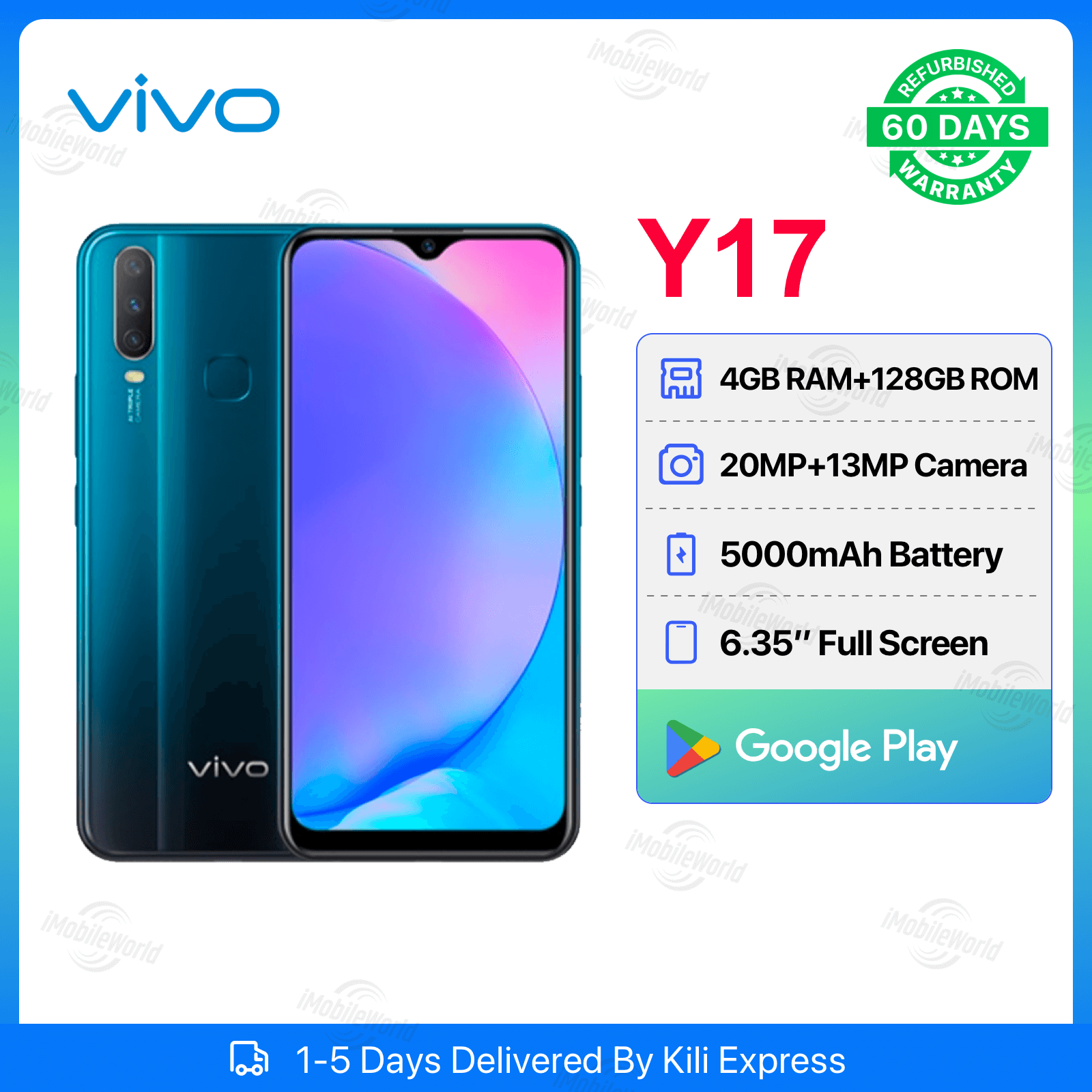 Refurbished VIVO Y17 4GB RAM + 128GB ROM 6.35" Screen 20MP+13MP Camera 5000mAh (Dual SIM) Android Smartphones/ Mobile Phones