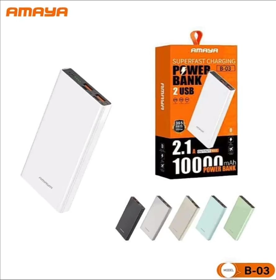 Amaya 10000mAh Power Bank – Fast Charging 2.1A, Compact & Reliable Backup Battery for All Phones, Dual USB Output