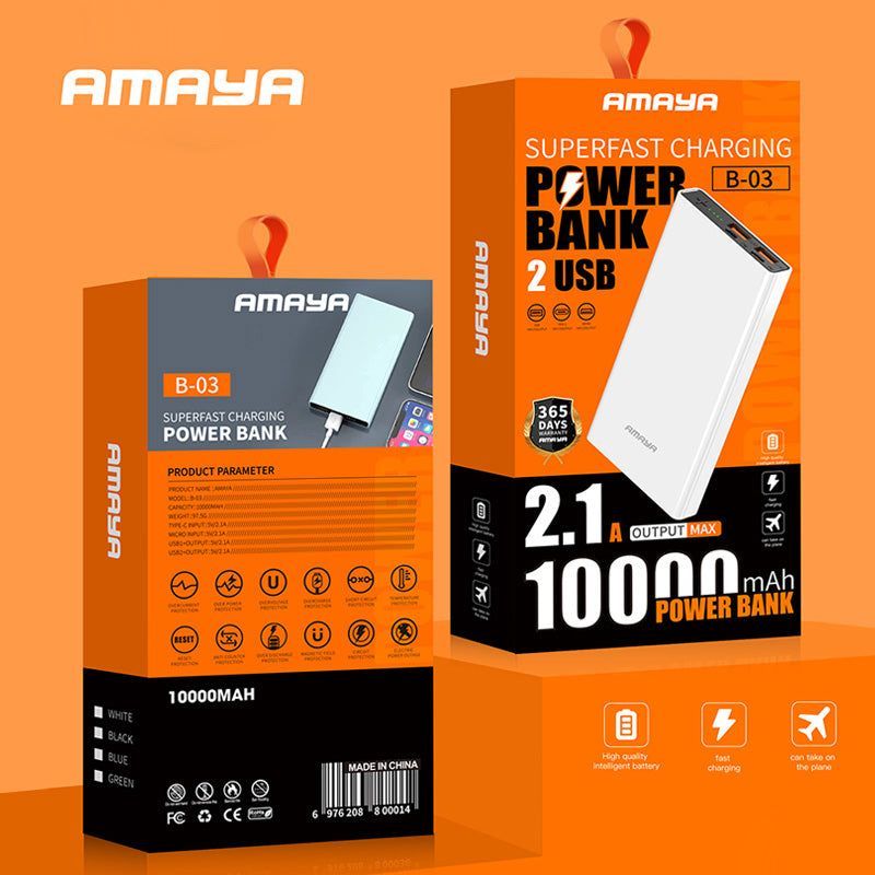 Amaya 10000mAh Power Bank – Fast Charging 2.1A, Compact & Reliable Backup Battery for All Phones, Dual USB Output