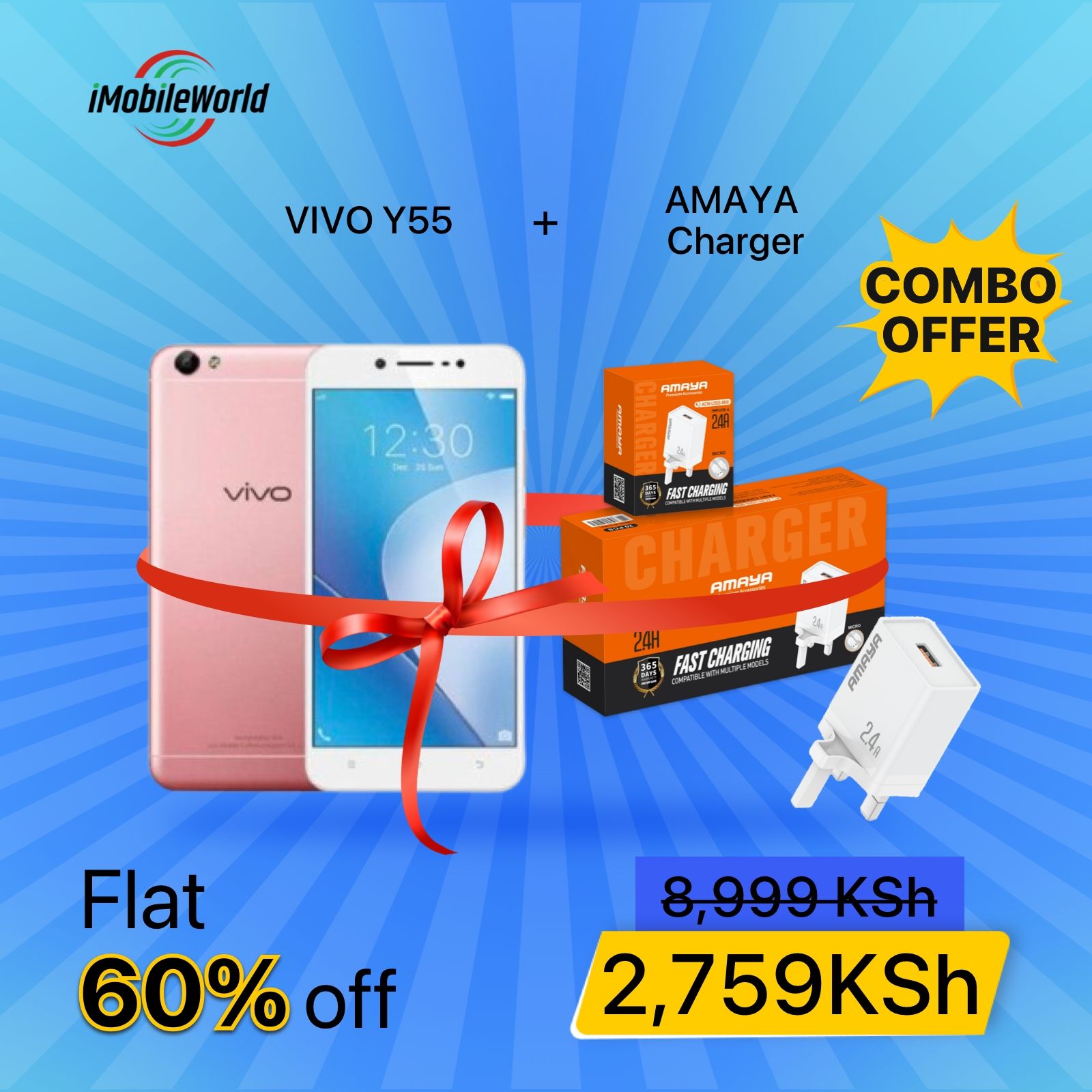 Refurbished Vivo Y55 2GB RAM 16GB ROM 5.2inch " 2730 mAh Dual SIM 8MP+5MP Android Smartphones/ Mobile Phones+ Amaya 2.4A  Micro Fast Charger