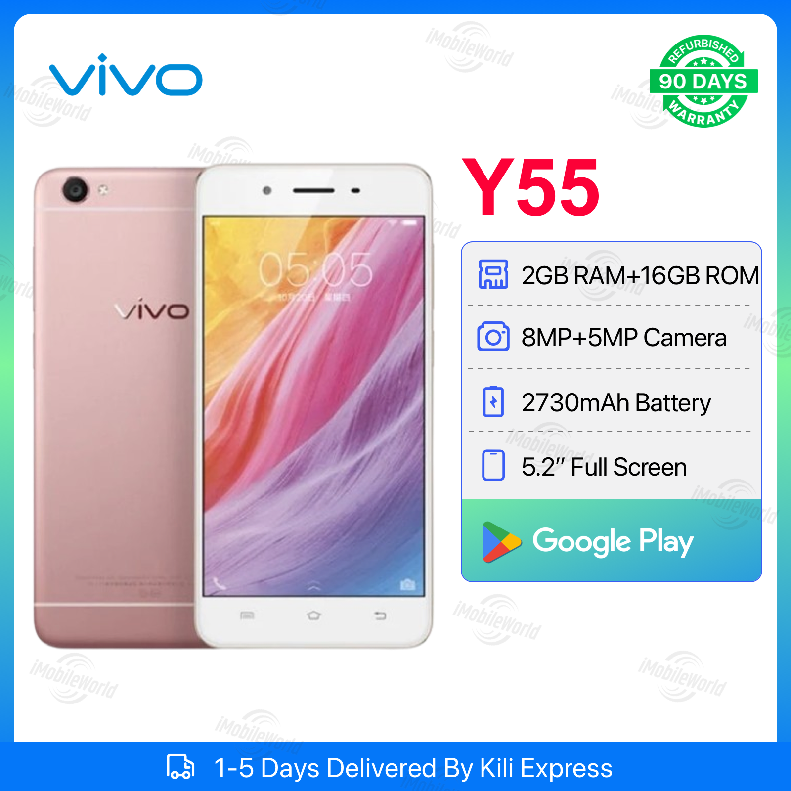 Refurbished Vivo Y55 2GB RAM 16GB ROM 5.2inch " 2730 mAh Dual SIM 8MP+5MP Android Smartphones/ Mobile Phones+ Amaya 2.4A  Micro Fast Charger