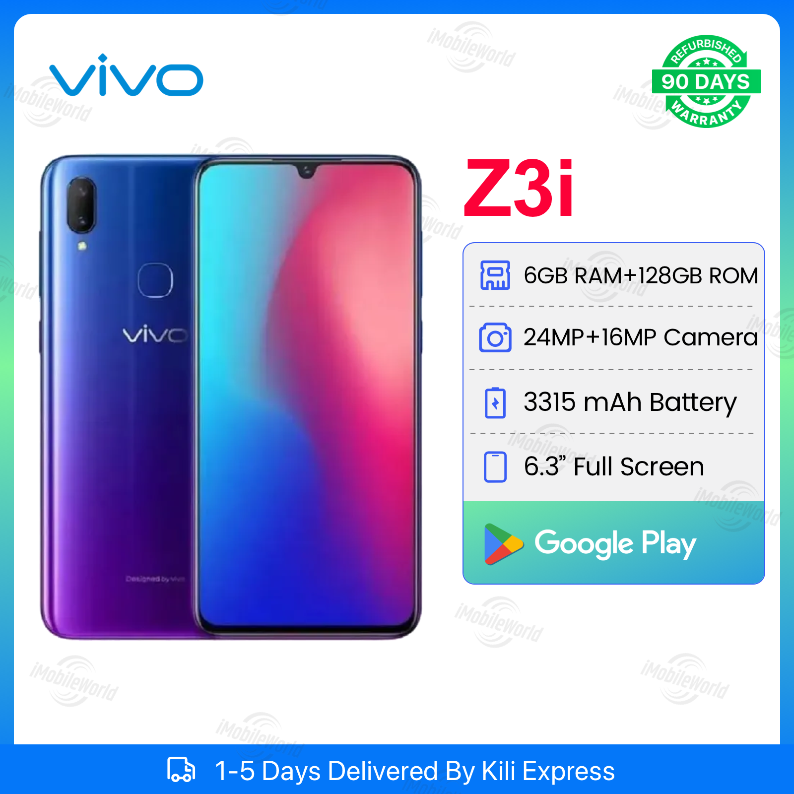 Refurbished VIVO Z3i 6GB RAM 128GB ROM 6.3inch " 3150 mAh Dual SIM 24MP+16MP Fingerprint Facial Android Smartphones/ Mobile Phones
