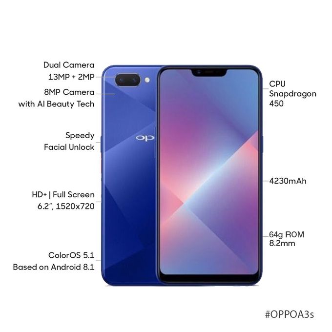【Buy 2 Get 1 PowerBank Free】Refurbished OPPO A3s 4GB RAM 64GB ROM 6.2inch " 4230 mAh Dual SIM 13MP+8MP Face Unlock Android Smartphones/ Mobile Phones