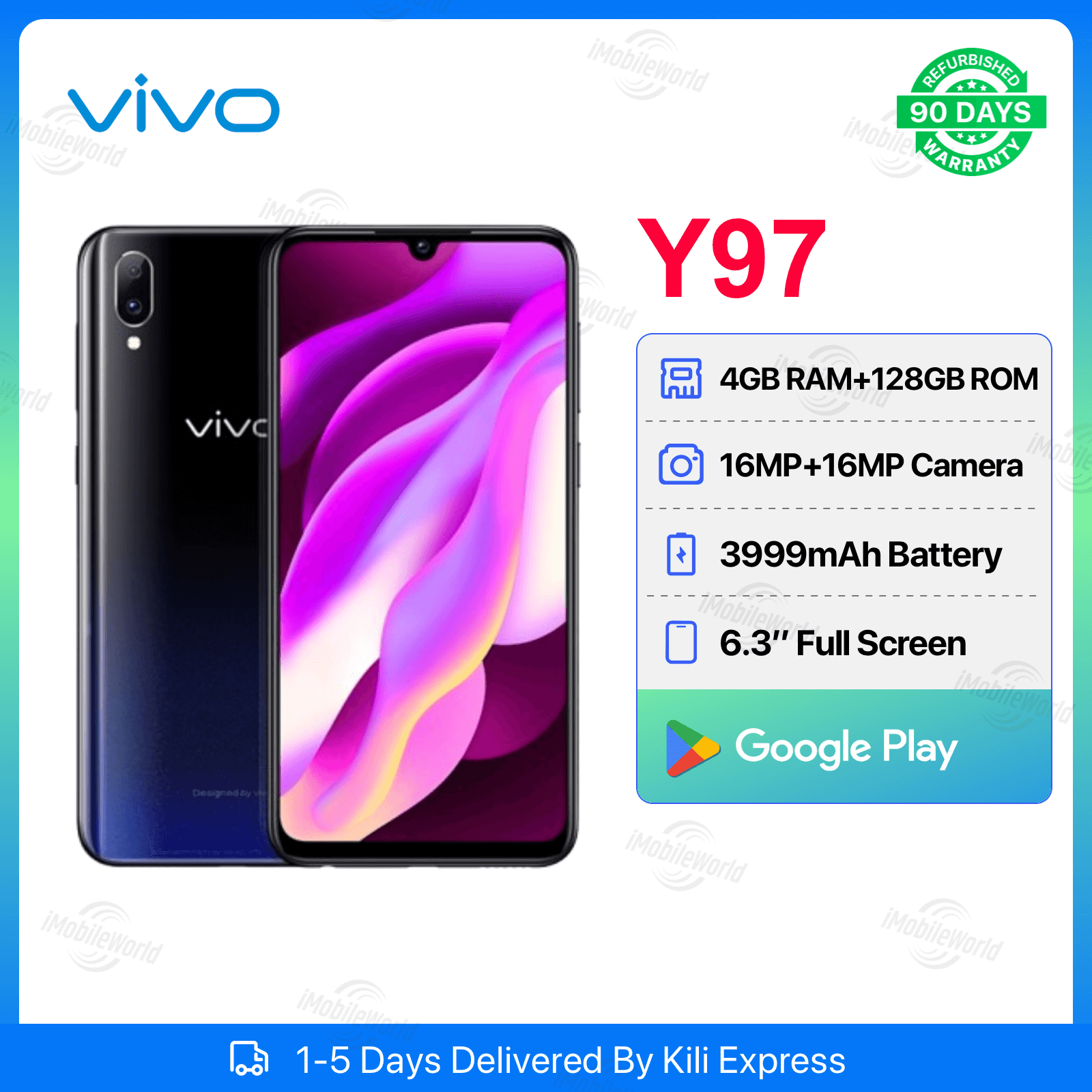 Refurbished VIVO Y97 4GB RAM 128GB ROM   6.3inch 2200-3999mAh Dual SIM 16MP+16MP Android Smartphones/Mobile Phones