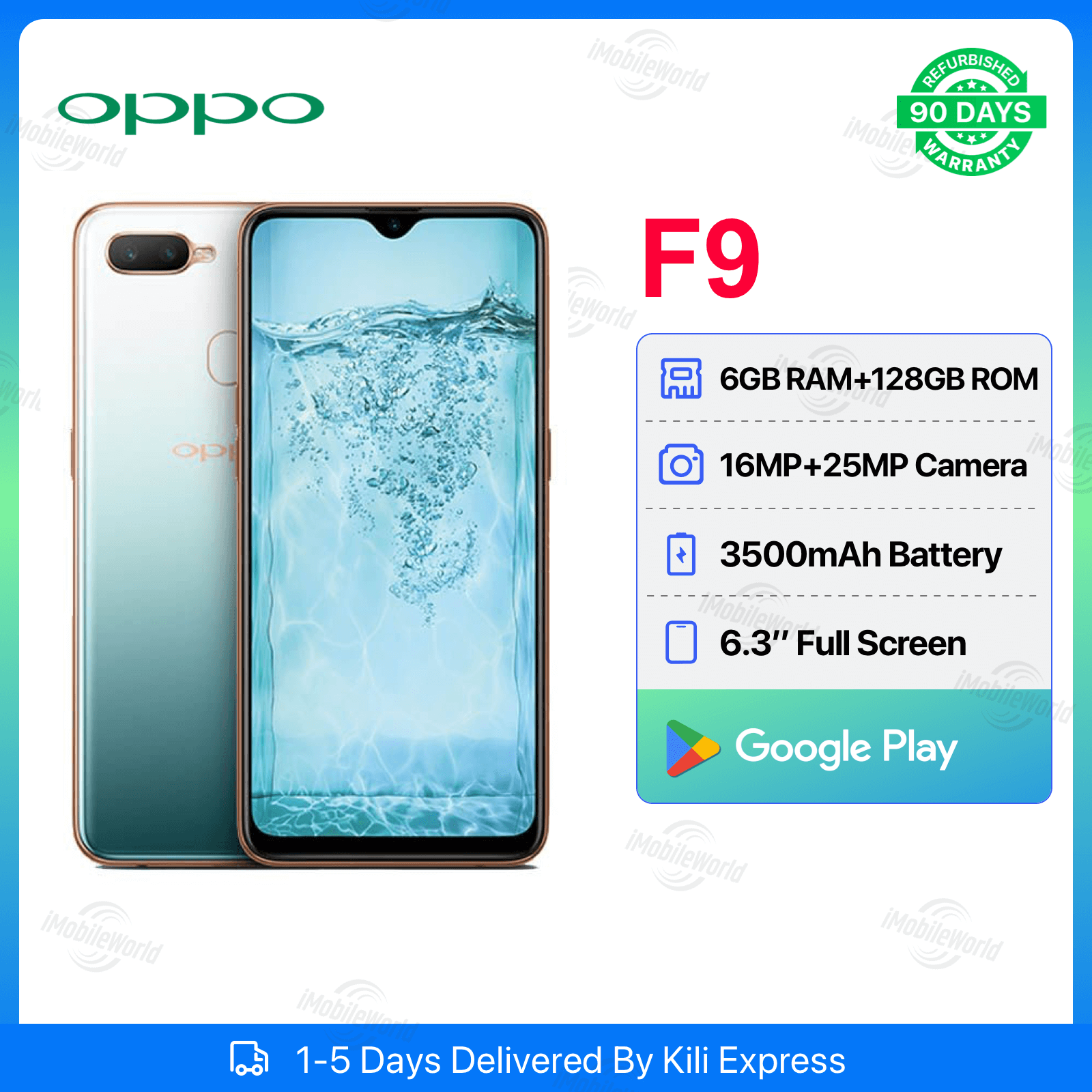 Refurbished OPPO F9 6GB RAM 128GB ROM 6.3inch " 3500 mAh Dual SIM 25MP+16MP Android Smartphones/ Mobile Phones