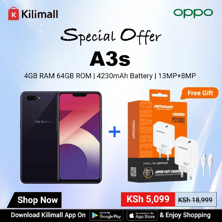 【Buy 1 Get 1 Charger Free】Refurbished OPPO A3s 4GB RAM 64GB ROM 6.2inch " 4230 mAh Dual SIM 13MP+8MP Face Unlock Android Smartphones/ Mobile Phones+Amaya 2.4A  Micro Fast Charger