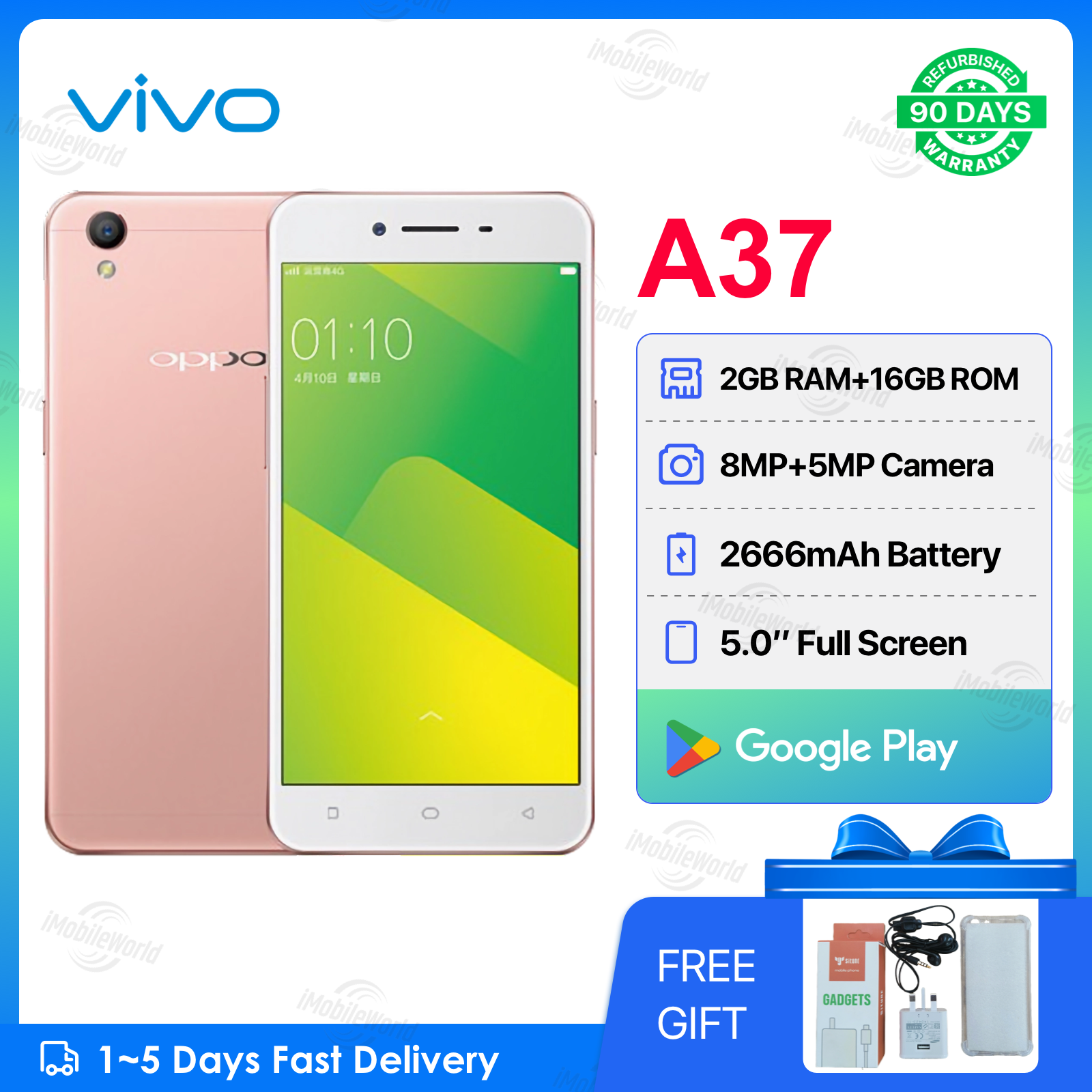 Refurbished OPPO A37 2GB RAM 16GB ROM 5" Screen 2630 mAh Dual SIM 5MP+8MP Android Smartphones/ Mobile Phones