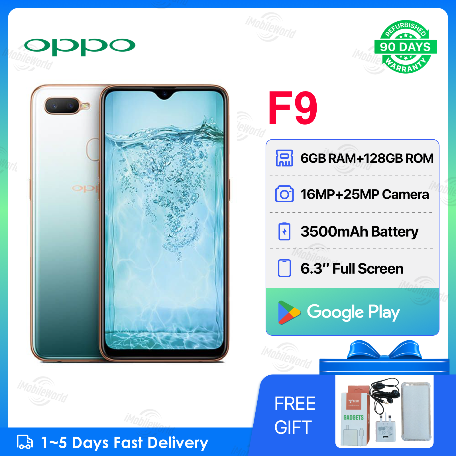 Refurbished OPPO F9 6GB RAM 128GB ROM 6.3inch " 3500 mAh Dual SIM 25MP+16MP Android Smartphones/ Mobile Phones