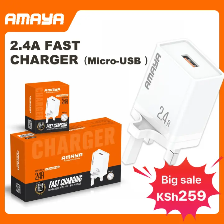 Amaya ACW-U50S-CC29 Single USB Wall Charger 2.4A Fast Charging Adapter with Micro USB Cable – Compact Design, Reliable Power for Android Phones & More