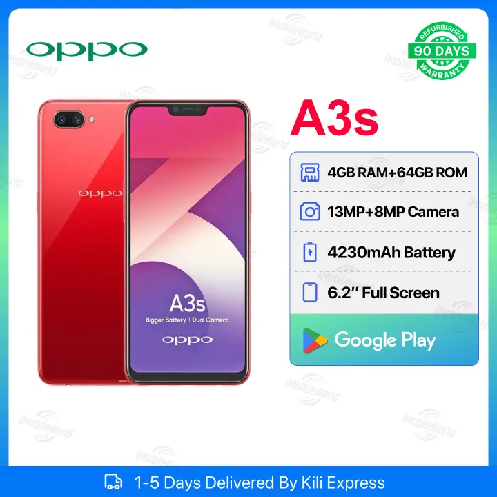Refurbished OPPO A3s 4GB RAM 64GB ROM 6.2inch " 4230 mAh Dual SIM 13MP+8MP Face Unlock Android Smartphones/ Mobile Phones