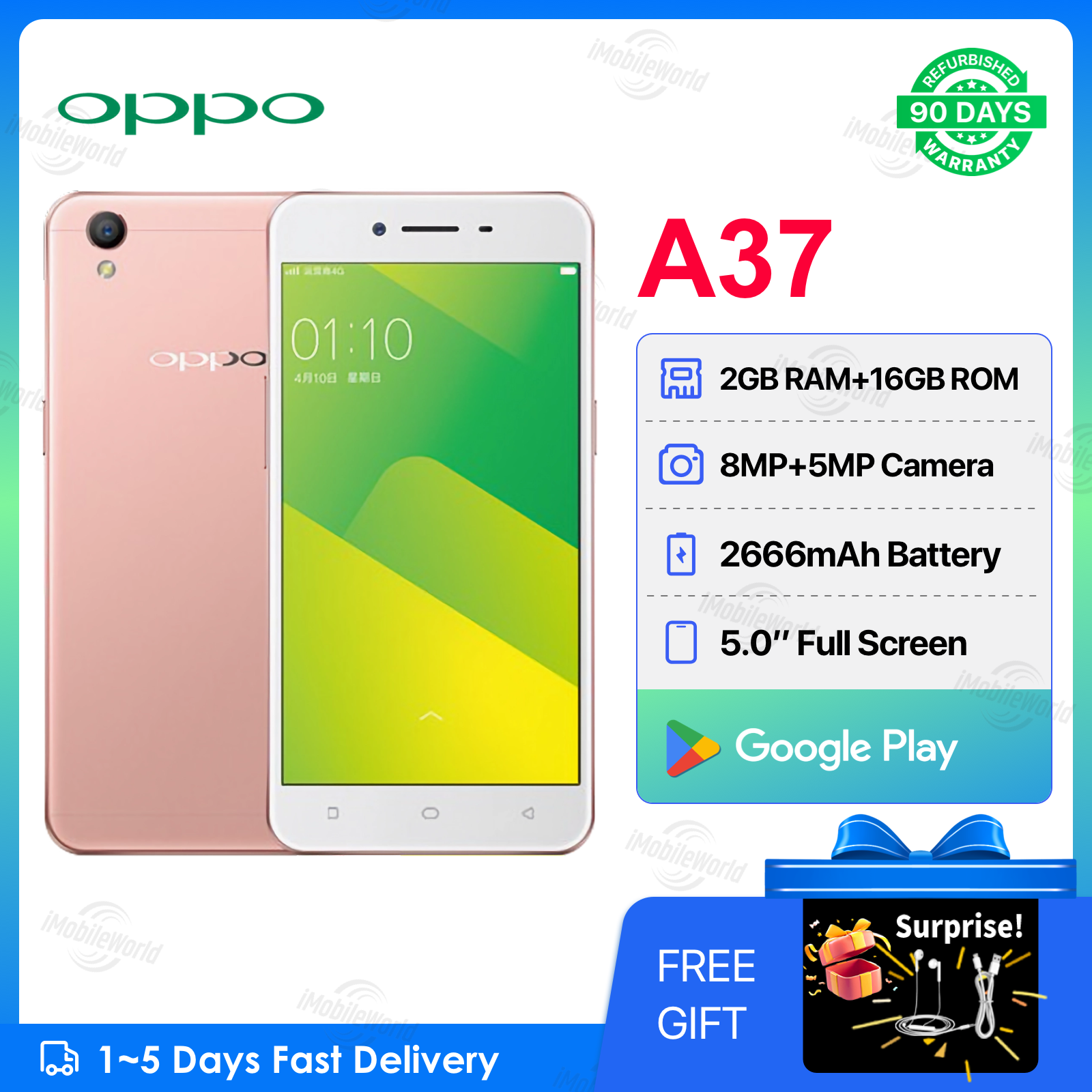 Refurbished OPPO A37 2GB RAM 16GB ROM 5" Screen 2630 mAh Dual SIM 5MP+8MP Android Smartphones/ Mobile Phones