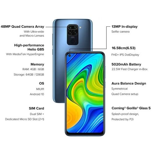 Refurbished Redmi Note 9  4GB RAM 128GB ROM Dual Sim 13MP+48MP Camera 6.53'' 5020mAh Android Smartphones/ Mobile  phones