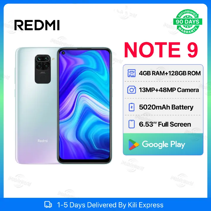 Refurbished Redmi Note 9  4GB RAM 128GB ROM Dual Sim 13MP+48MP Camera 6.53'' 5020mAh Android Smartphones/ Mobile  phones