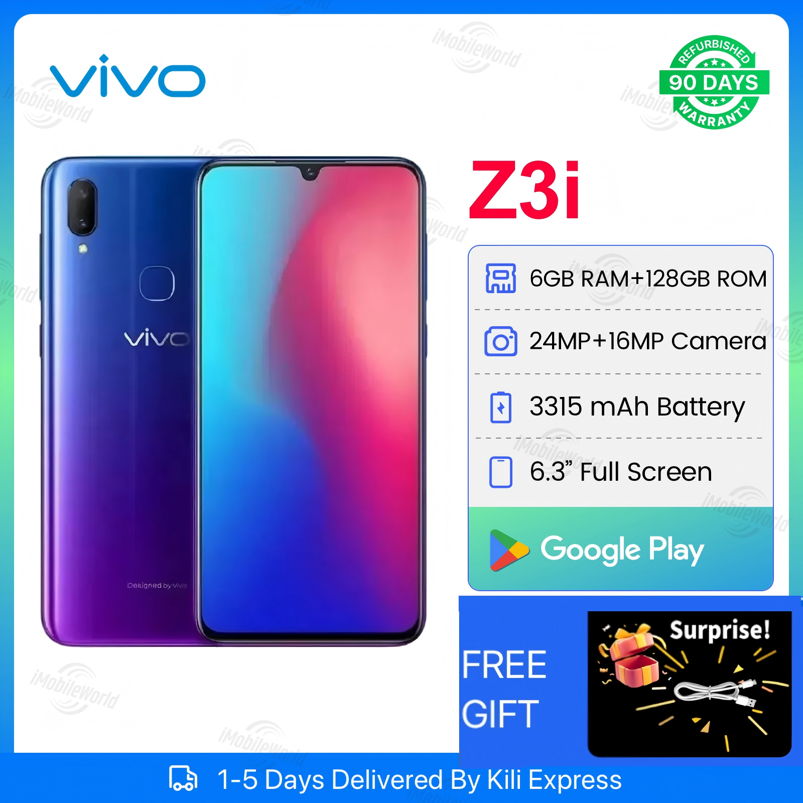Refurbished VIVO Z3i 6GB RAM 128GB ROM 6.3inch " 3150 mAh Dual SIM 24MP+16MP Fingerprint Facial Android Smartphones/ Mobile Phones