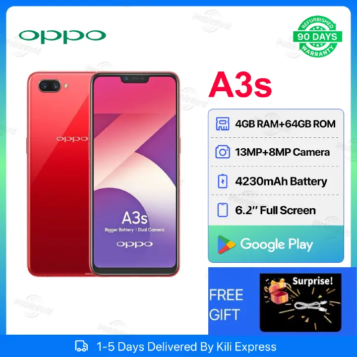 Refurbished OPPO A3s 4GB RAM 64GB ROM 6.2inch " 4230 mAh Dual SIM 13MP+8MP Face Unlock Android Smartphones/ Mobile Phones