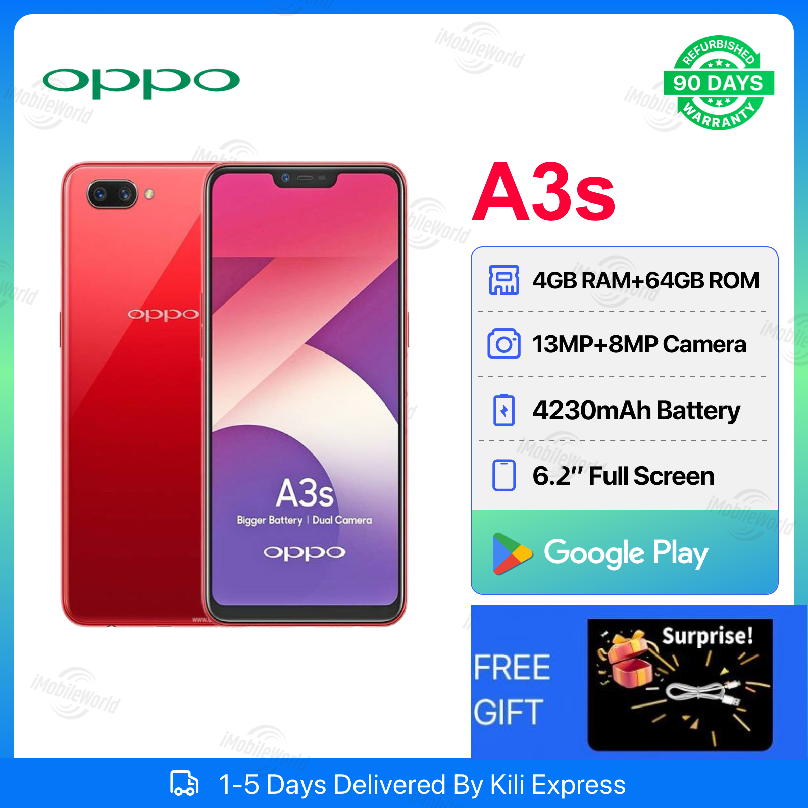Refurbished OPPO A3s 4GB RAM 64GB ROM 6.2inch " 4230 mAh Dual SIM 13MP+8MP Face Unlock Android Smartphones/ Mobile Phones.