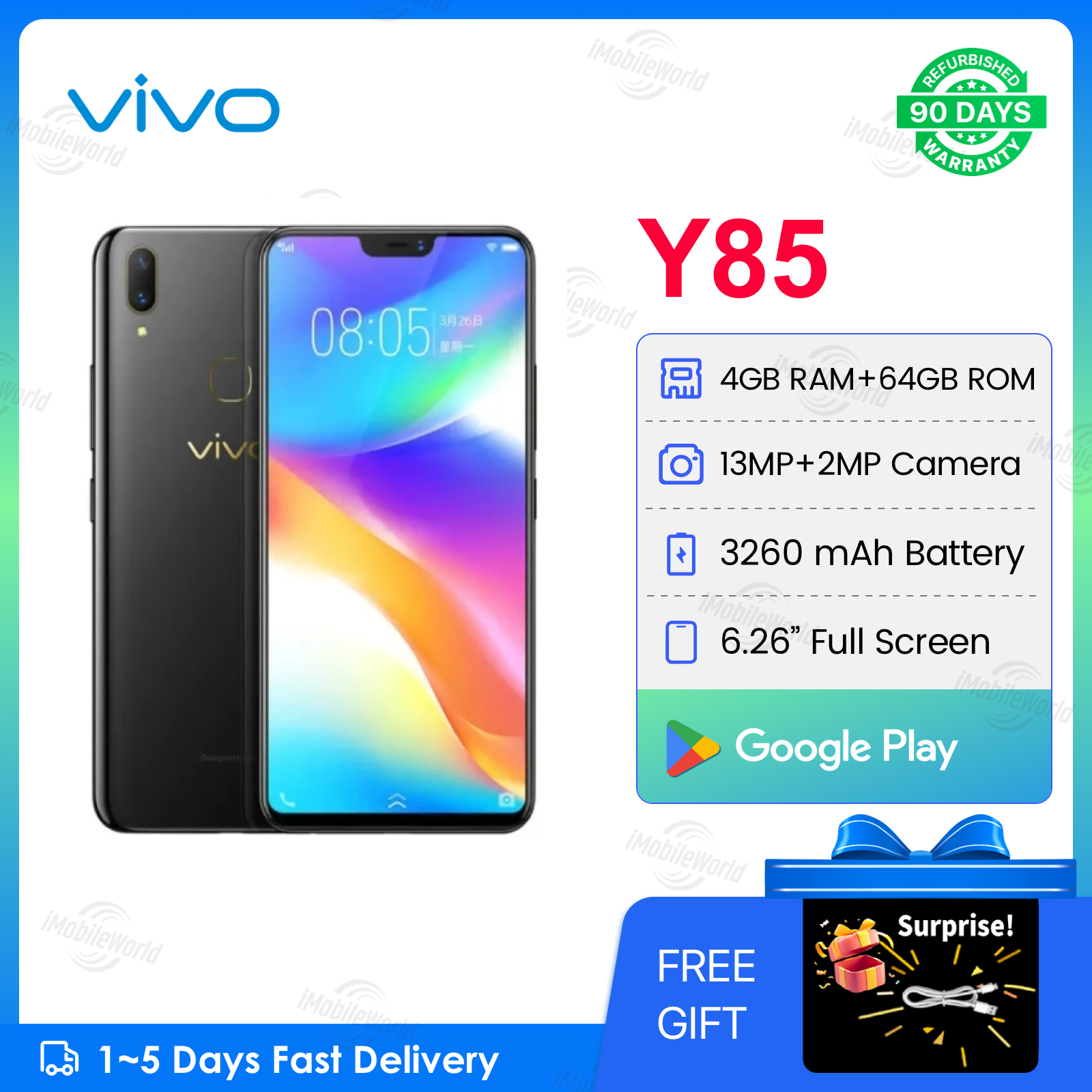 Refurbished VIVO Y85 4GB RAM 64GB ROM  6.26" 13MP+2MP 3260 mAh Dual SIM Android Smartphones/ Mobile Phones