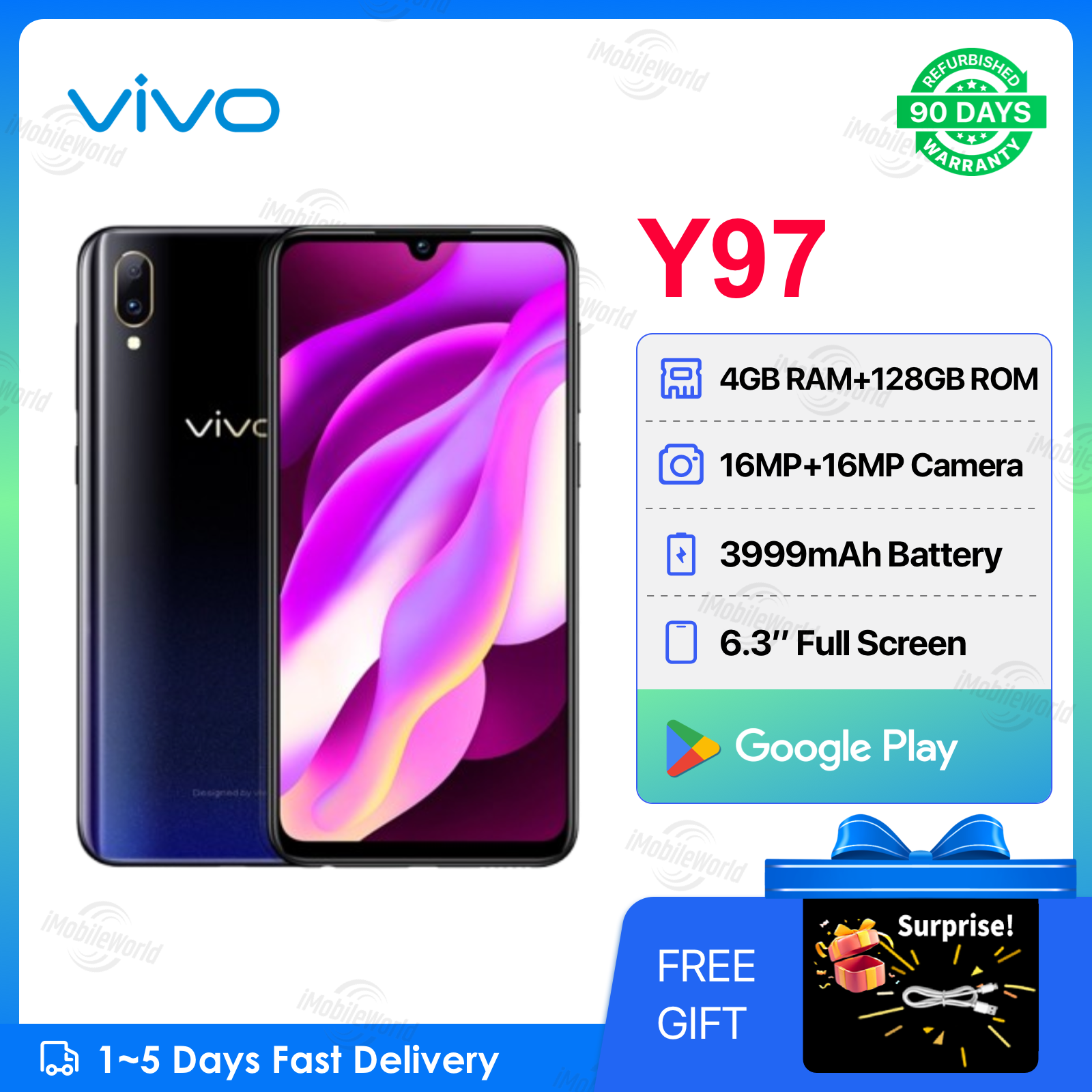 Refurbished VIVO Y97 4GB RAM 128GB ROM   6.3inch 2200-3999mAh Dual SIM 16MP+16MP Android Smartphones/Mobile Phones