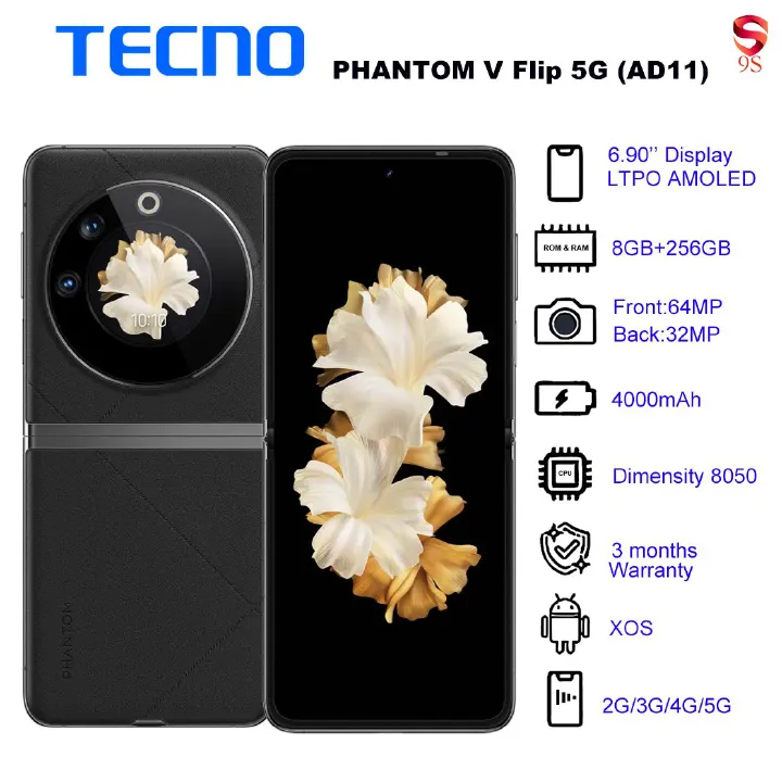 Refurbished Phone TECNO PHANTOM V Flip 5G (AD11) 8GB RAM + 256GB ROM Iconic Black 6.90 inch Display Single SIM 32M Front Camera 64M Back Camera 4000mAh Battery 3 Months Warranty_12023370