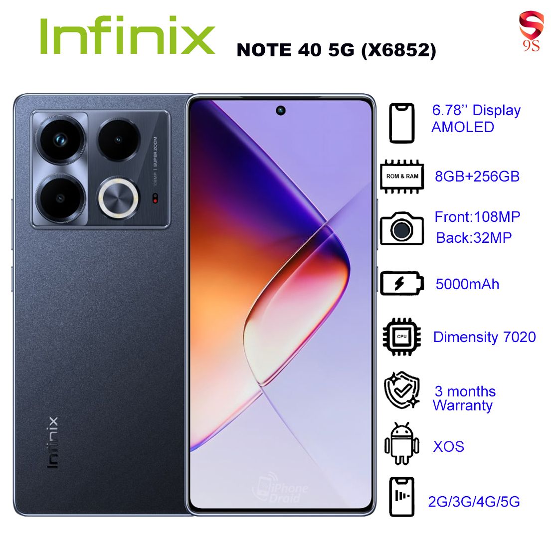 Refurbished Phone Infinix NOTE 40 5G (X6852) 8GB RAM + 256GB ROM Obsidian Black 6.78 inch Display Dual SIM 32M Front Camera 108M Back Camera 5000mAh Battery 3 Months Warranty_12027792